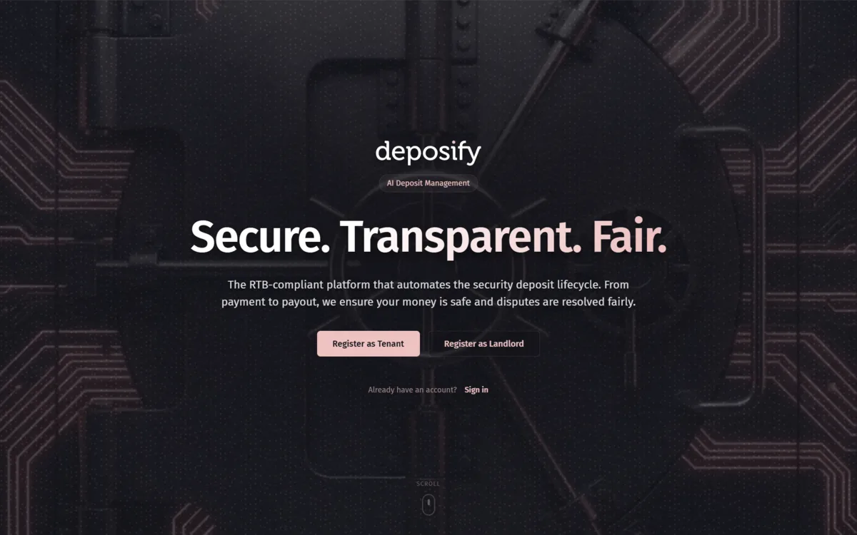 Deposify marketing hero: the deposify wordmark and the line Secure. Transparent. Fair. over a dark bank-vault door, with Register as Tenant and Register as Landlord buttons