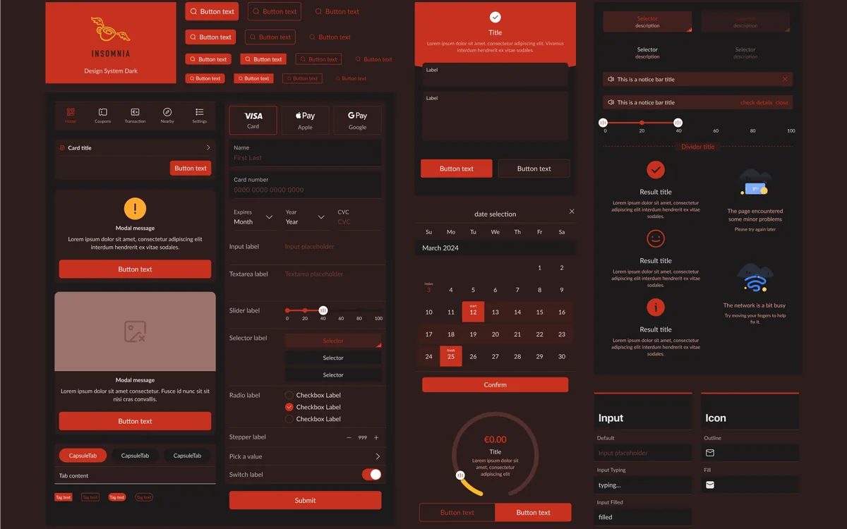 Insomnia design system board, dark theme: buttons, cards, a modal, form fields, a date picker and a payment ring in Insomnia red on near-black