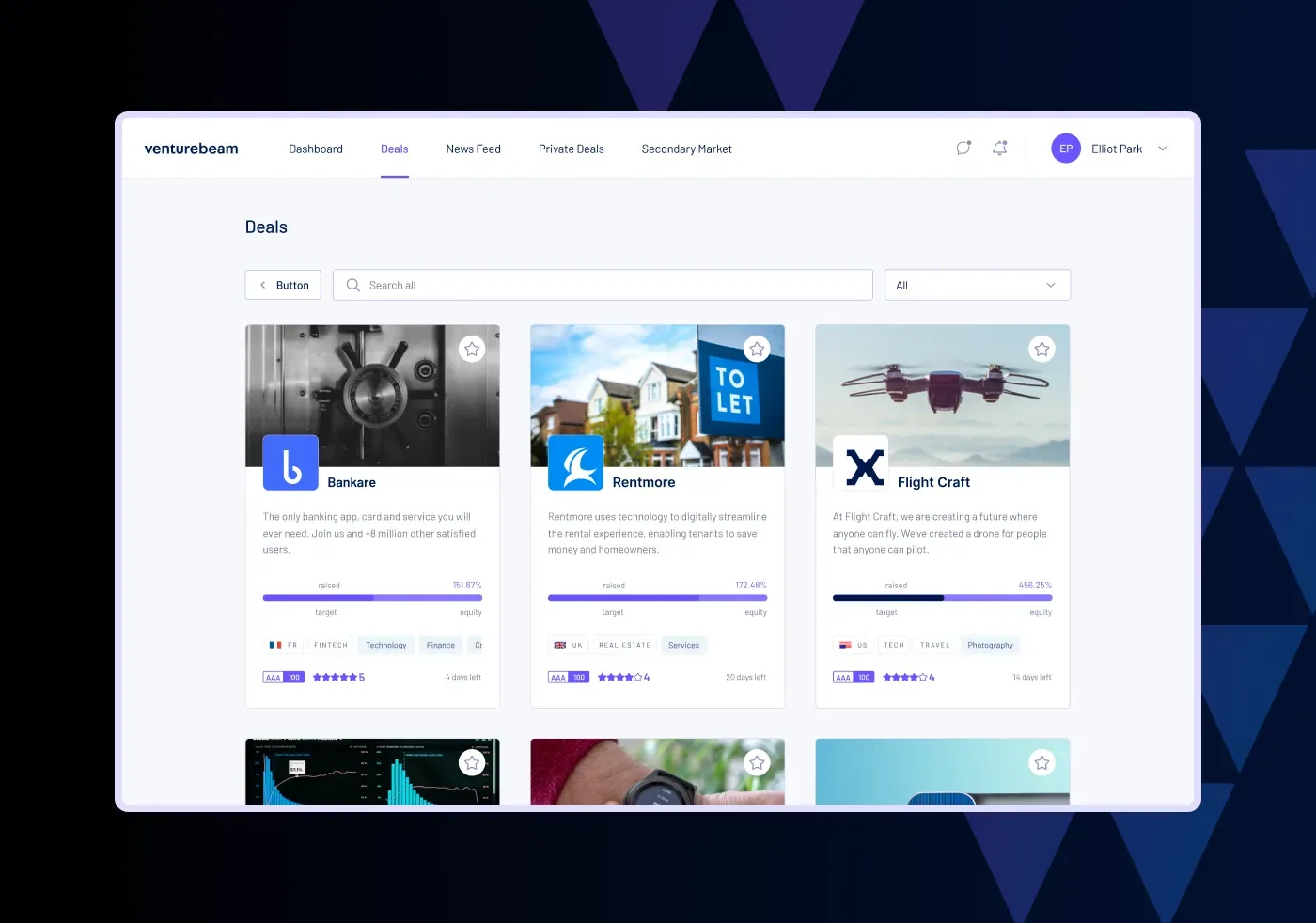 The Venturebeam Deals page: a search field and filters above a grid of deal cards for Bankare, Rentmore and Flight Craft, each with a cover photo, logo, summary, sector tags and a rating, on a navy ground with blue diagonal shapes